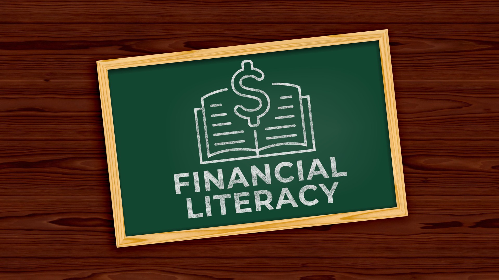 Financial Literacy Written on a Blackboard with a Book and Dollar Icon on a Wooden Surface - 3D Rendering